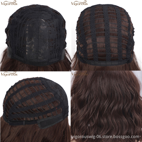 Vigorous High Temperature Daily Use Wigs 14 Inches Short Wavy Synthetic Bob Wigs With Bangs Dark Brown Mix Auburn Color